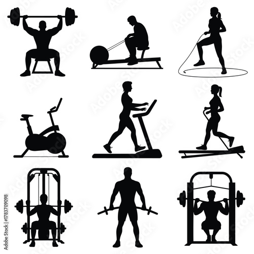 Collection of silhouettes representing diverse gym workout activities