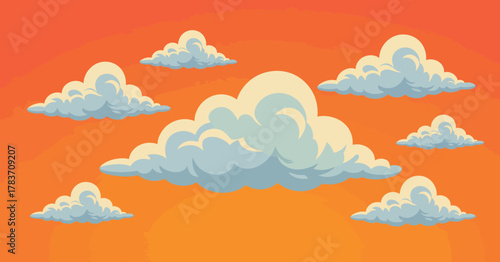 This colorful image features fluffy clouds against a vibrant orange sunset sky, capturing a moment of serenity and beauty in nature that conveys warmth and tranquility.