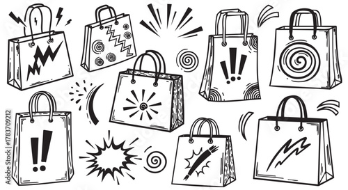 Black and white illustration of shopping bags with various comic-style patterns and expressions, including lightning bolts, swirls, and exclamation marks.