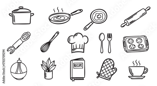 Black outline vector icons of kitchen utensils including a pot, frying pans, egg slicer, whisk, chef's hat, cutlery, baking tray, bowl, rolling pin, plant, cookbook, oven mitt, and cup.