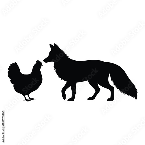 Silhouette of a fox and a chicken on a white background