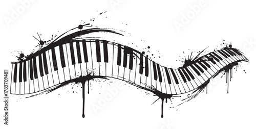 Abstract black and white illustration of a wavy piano keyboard with artistic ink splatters and splashes.