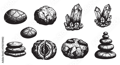 Detailed black and white sketch of various natural stones and crystals, including round pebbles, geodes, and clusters of pointed crystals.