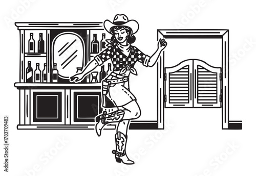 Female caucasian adult dressed as a cowgirl dances energetically in front of a saloon bar, featuring western attire with a hat, boots, and skirt.