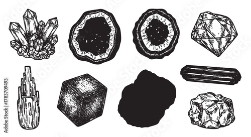 Black and white hand-drawn illustrations of various minerals and gemstones, including crystals, geodes, and rough stones.