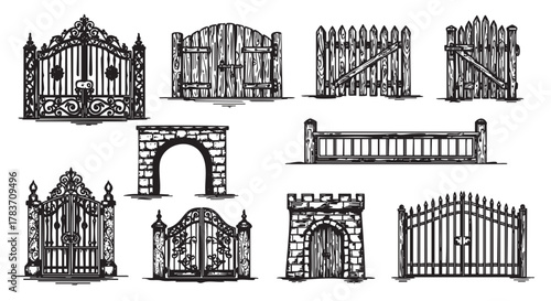 Nine intricately designed black and white gate illustrations, including ornate wrought iron gates, wooden fences with diagonal supports, and a stone archway.