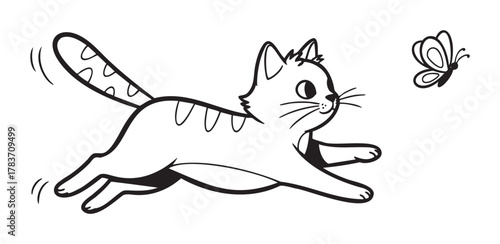 Outline of a playful cat with stripes chasing a butterfly, featuring a whimsical and dynamic pose suggesting motion.