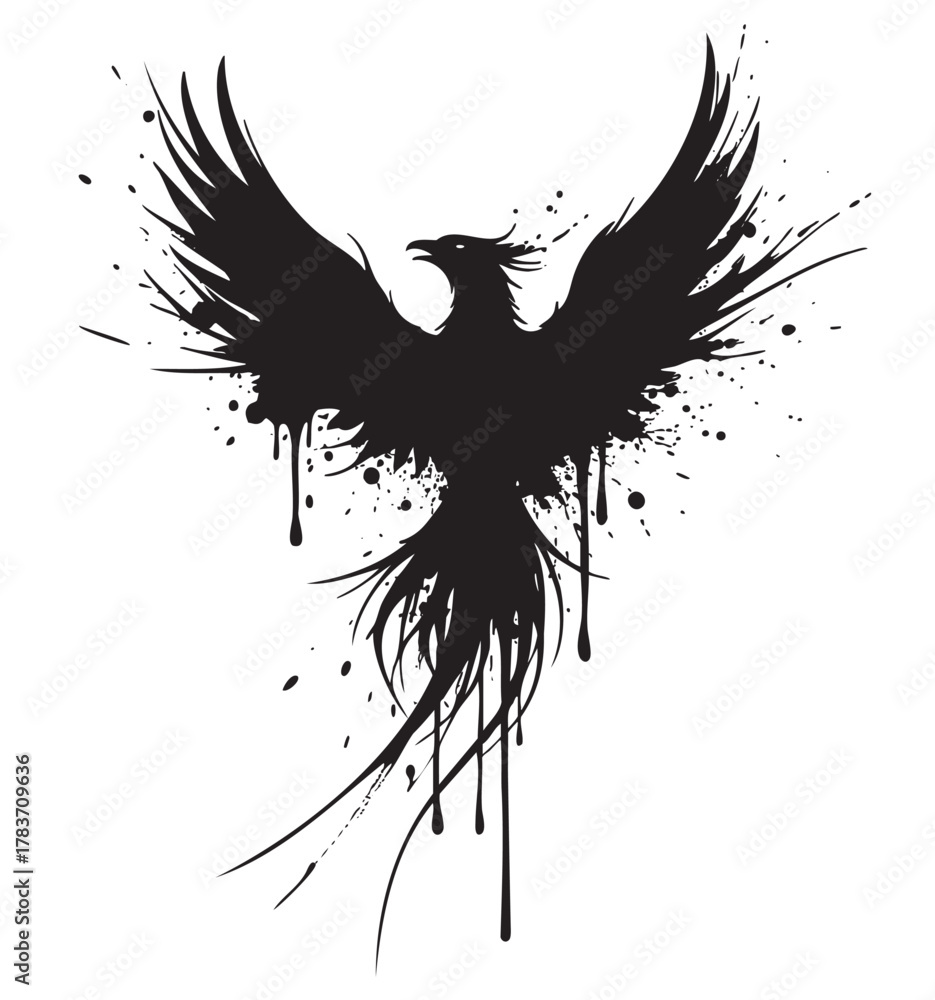 Obraz premium Black silhouette of a splatter-style phoenix with outstretched wings, conveying a sense of rebirth and strength through dynamic, dripping ink strokes.