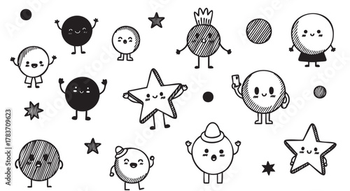 Numerous black and white cartoon characters with diverse expressions and shapes, including circles and stars, scattered randomly.