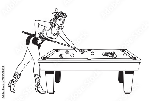 Retro-style female pool player with curly hair shooting a cue ball on a billiards table while wearing vintage pin-up clothing and cowboy boots.