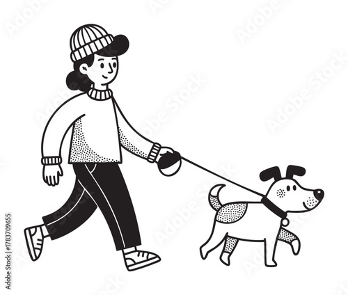 Black and white illustration of a young female walking a dog on a leash, both exhibiting a joyful and carefree demeanor.