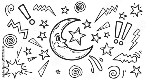 Black and white doodle illustration featuring a smiling crescent moon surrounded by whimsical stars and various dynamic shapes, conveying a playful and imaginative theme.
