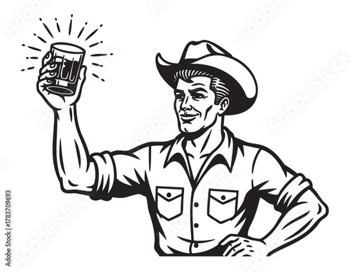 Black and white drawing of a smiling caucasian adult male wearing a cowboy hat, raising a mug filled with beer and showing a confident expression.