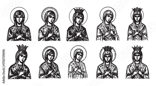 Black and white illustration of ten religious female figures, each with a halo and crown, hands crossed over chest in a serene pose.
