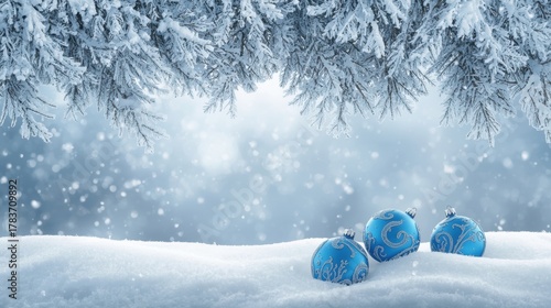 A serene winter scene featuring three blue Christmas ornaments with icy patterns resting in fresh snow in the foreground, framed by frosted pine branches above, against a soft, luminous blue backgroun