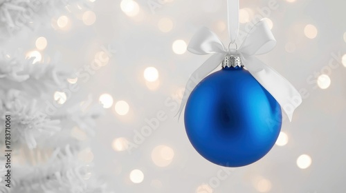 A high-key photograph of a single, matte royal blue Christmas ornament hanging from a white ribbon and bow, set against a bright, luminous background of soft bokeh lights and the frosted branches of a