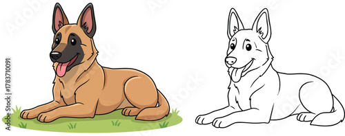 Cute Cartoon German Shepherd Dog Lying Down on Grass - Happy Puppy Vector Illustration