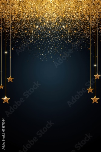A vertical graphic design featuring a heavy cascade of golden glitter and sparkles across the top border, with multiple golden stars suspended by thin lines, all set against a dark, dramatic blue-blac