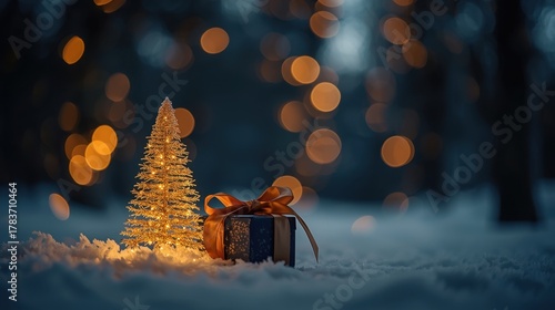 An atmospheric image featuring a tiny, glowing Christmas tree and a dark gift box sitting on a layer of snow in the foreground, contrasted against a deeply blurred background of warm, golden bokeh lig