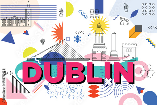 Typography word Dublin branding technology concept. Collection of flat vector web icons. Chinese culture travel set, architectures, specialties Memphis silhouette. Doodle Ireland famous landmarks.