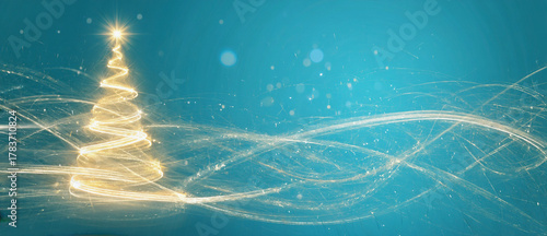 Golden Christmas Tree: Illuminated in a soft glow, an artistic Christmas tree formed by swirling light against a vibrant teal background. It evokes a sense of festive elegance.