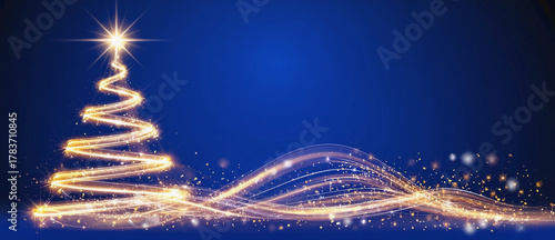 Sparkling Christmas Tree: A glowing Christmas tree design, illuminating a festive scene with golden light, swirls and flourishes against a deep blue background.