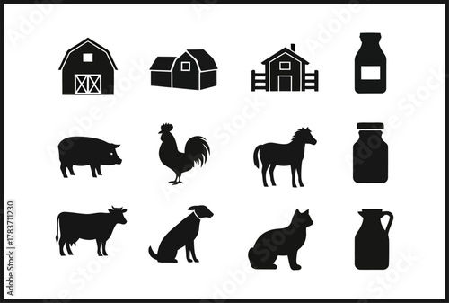 Collection of farm animals and buildings icons