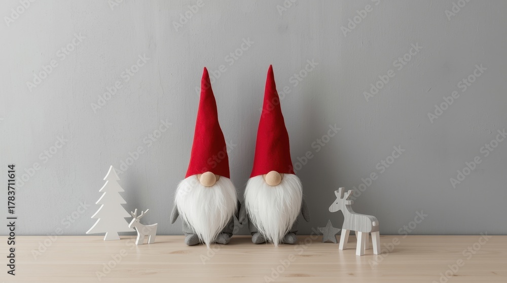 Obraz premium Two cute Scandinavian-style gnomes with tall red hats and long white beards sit side-by-side on a light wooden surface next to small white Christmas decorations, against a solid gray background.