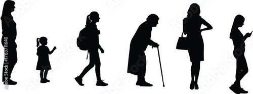 Female life stages silhouette illustration, generational progression, childhood to adulthood, aging concept, lifestyle diversity, identity artwork, community connection design