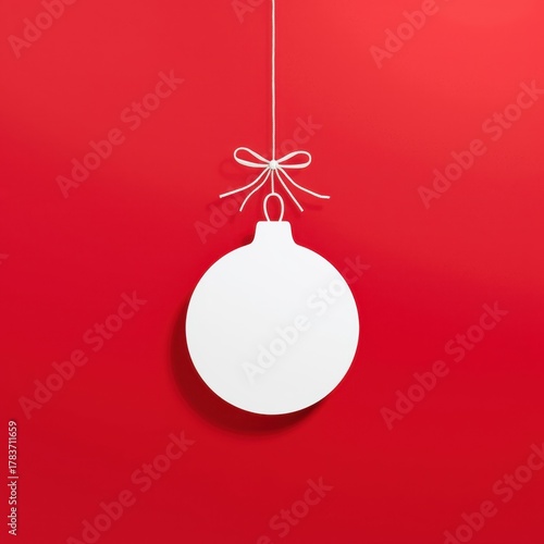 A flat, white, paper-cut style Christmas bauble outline hangs from a white string with a bow on a solid, vibrant red background.