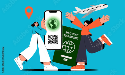 An illustration showcasing modern travel concepts featuring a smartphone displaying a vaccine passport alongside global travel symbols like an airplane and a map pin.