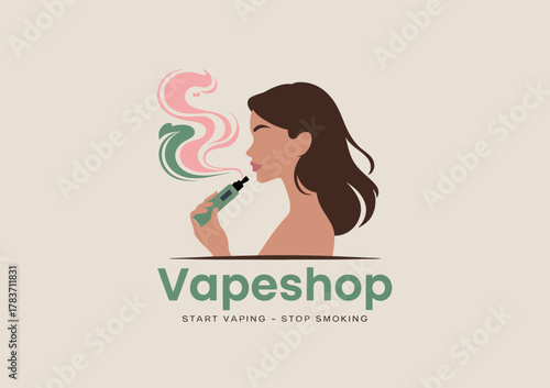 This stylish logo represents a vapeshop, featuring a woman inhaling vapor, visually conveying the transition from smoking to vaping, suitable for branding in smoke shops.
