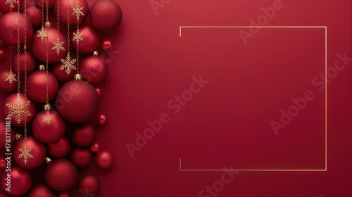 A dark crimson background with a subtle golden frame on the right side, bordered on the upper left by a cluster of hanging red Christmas baubles and golden snowflake decorations.