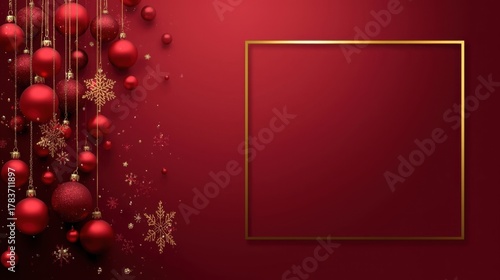 A dark crimson background with a subtle golden frame on the right side, bordered on the upper left by a cluster of hanging red Christmas baubles and golden snowflake decorations.