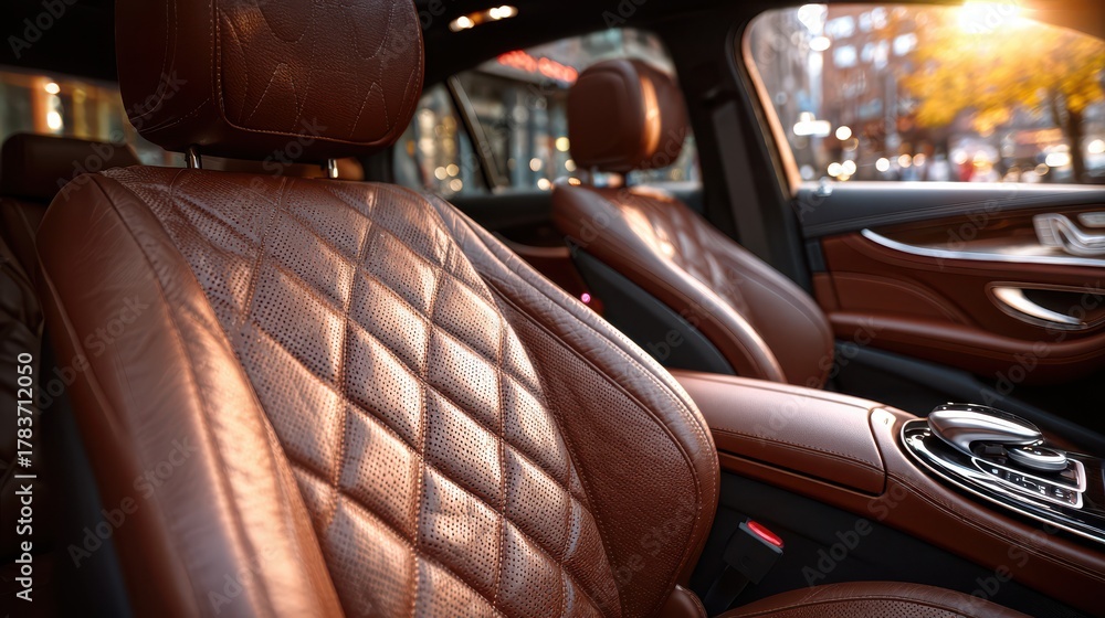 Obraz premium Closeup of the luxurious brown leather seats in a modern car, showcasing the intricate stitching and elegant design with a blurred city background