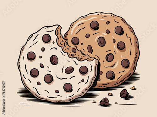 This eye-catching illustration displays two types of cookies, one with chocolate chips and the other with nuts, symbolizing indulgence and the joy of sharing delicious treats.