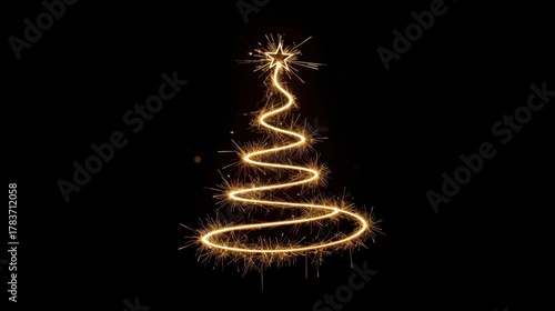 A minimalist Christmas tree shape is drawn with a glowing, sparkling golden light trail, resembling a sparkler, set against a solid black background.