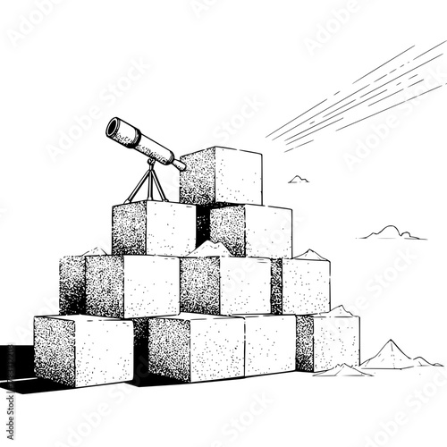 A telescope sits atop a pyramid of textured cubes under a streaking sky with distant mountains viewable