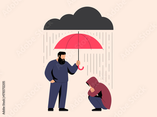 This meaningful illustration depicts a supportive individual holding an umbrella over someone in distress, symbolizing compassion and the human capacity for empathy in difficult times.