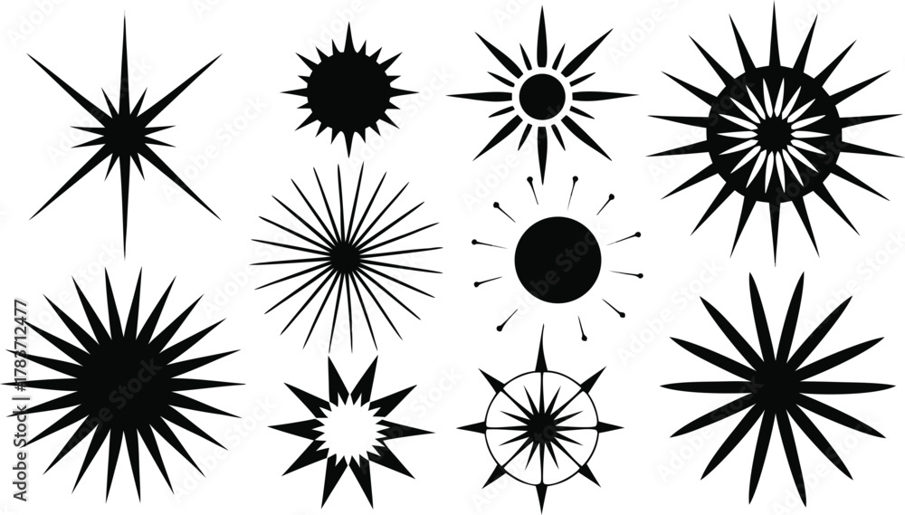 Obraz premium Black and white sunbursts in various styles. All objects are isolated.eps