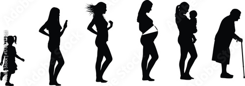 Female life stages silhouette illustration, childhood to adulthood, pregnancy and motherhood, aging process, generational diversity, lifestyle identity, community connection artwork