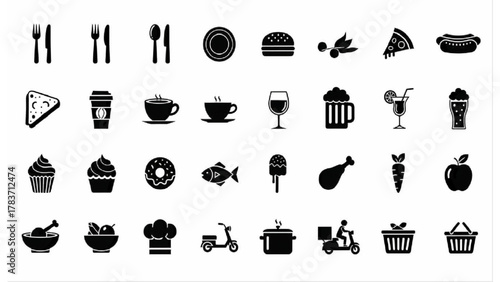 Food and Drinks Silhouette Icons Set — 24 Black Vector Restaurant, Cafe, and Culinary Symbols for Cooking and Delivery Design