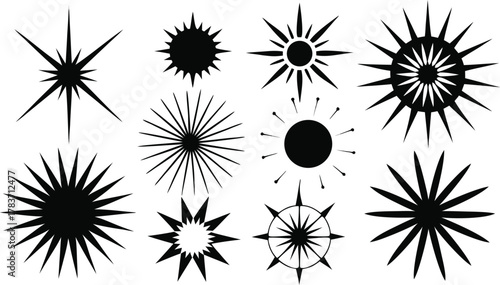 Black and white sunbursts in various styles. All objects are isolated.eps