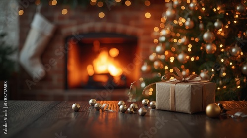 A subtly wrapped gift box lies on a dark wooden floor, with a blurred, warm background featuring a cozy fireplace and a Christmas tree adorned with golden lights.