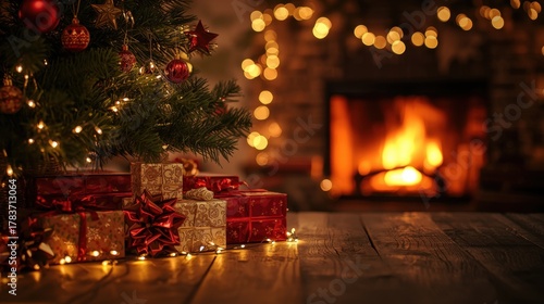 Cozy Christmas Fireplace Scene. A warm, indoor scene featuring the base of a decorated Christmas tree with red ornaments and lights, gifts on a wooden table, and a glowing, blurred fireplace in the ba