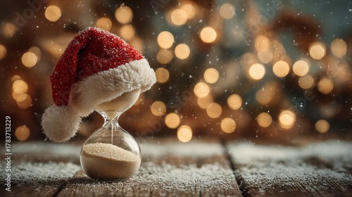 Hourglass with santa hat counting down to christmas on a wooden surface with snow and bokeh lights in the background