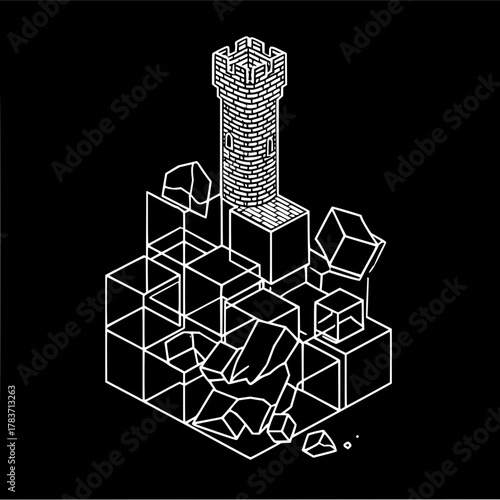 Isometric tower on cubes and rocks with white outlines against a black background creates a stark contrast