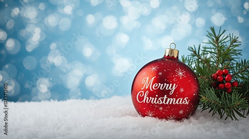 Snowy Ornament Greeting. A single red Christmas bauble with 