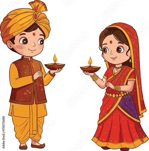 Indian children illustration, traditional clothing, cultural celebration, Diwali festival, diya lamp, saree dress, turban outfit, heritage, cartoon style, festive joy