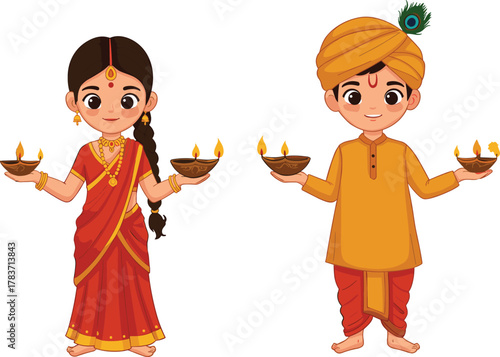 Indian children illustration, traditional clothing, cultural celebration, Diwali festival, diya lamp, saree dress, turban outfit, heritage, cartoon style, festive lights